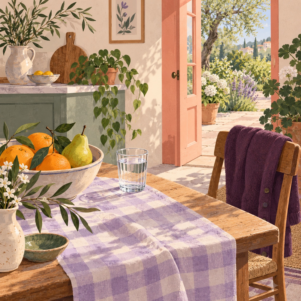 Original illustration of a sunny kitchen table with fruit, water and a lavender cloth.